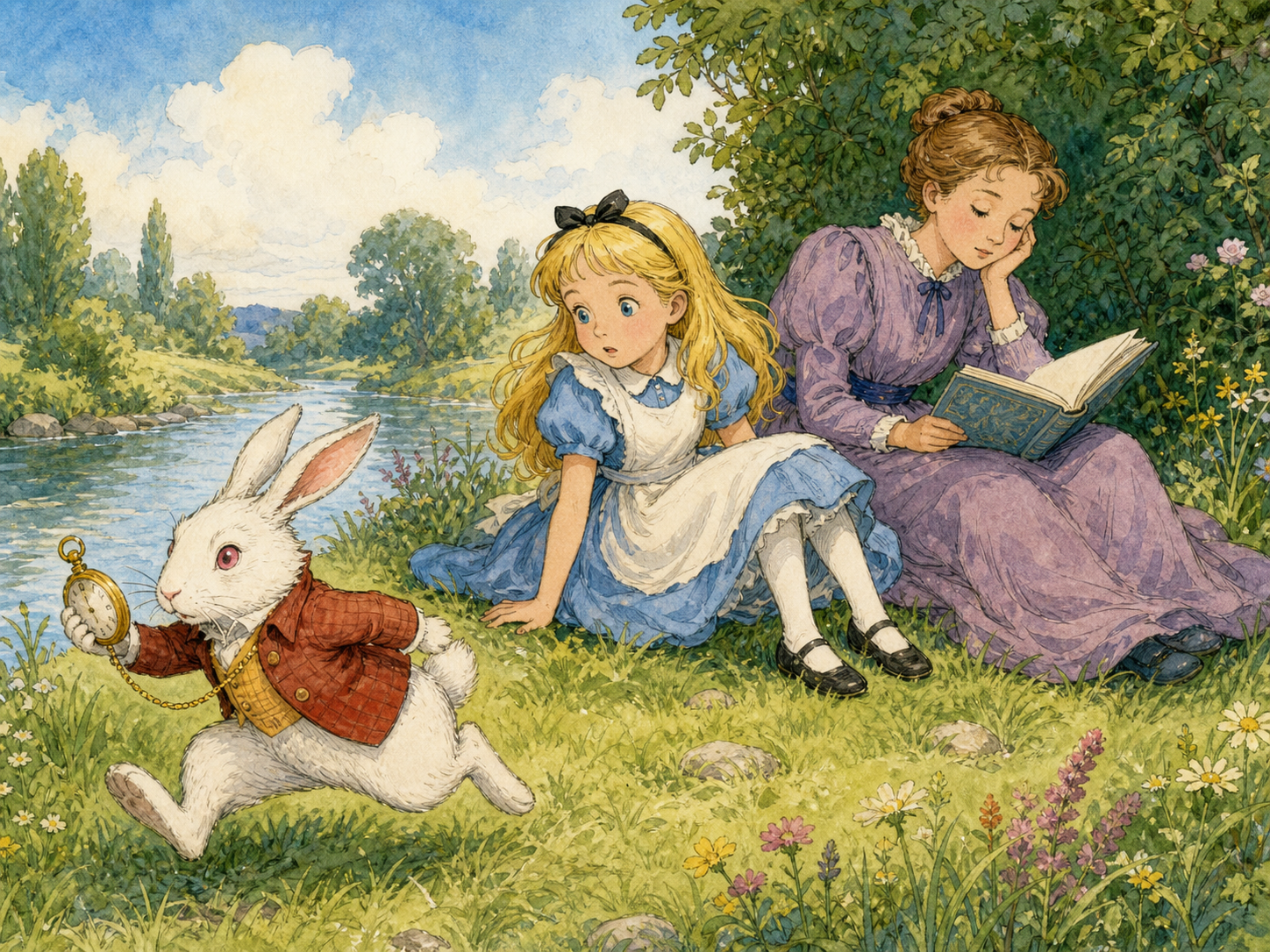 Barnebokillustrasjon for side 1 i Alice's Adventures in Wonderland: Alice satt ved elvebredden med søsteren sin og kjedet seg. Boken søsteren leste i hadde verken bilder eller samtaler. Da en hvit kanin med rosa øyne løp forbi og sa at den kom for sent, reiste Alice seg uten å...