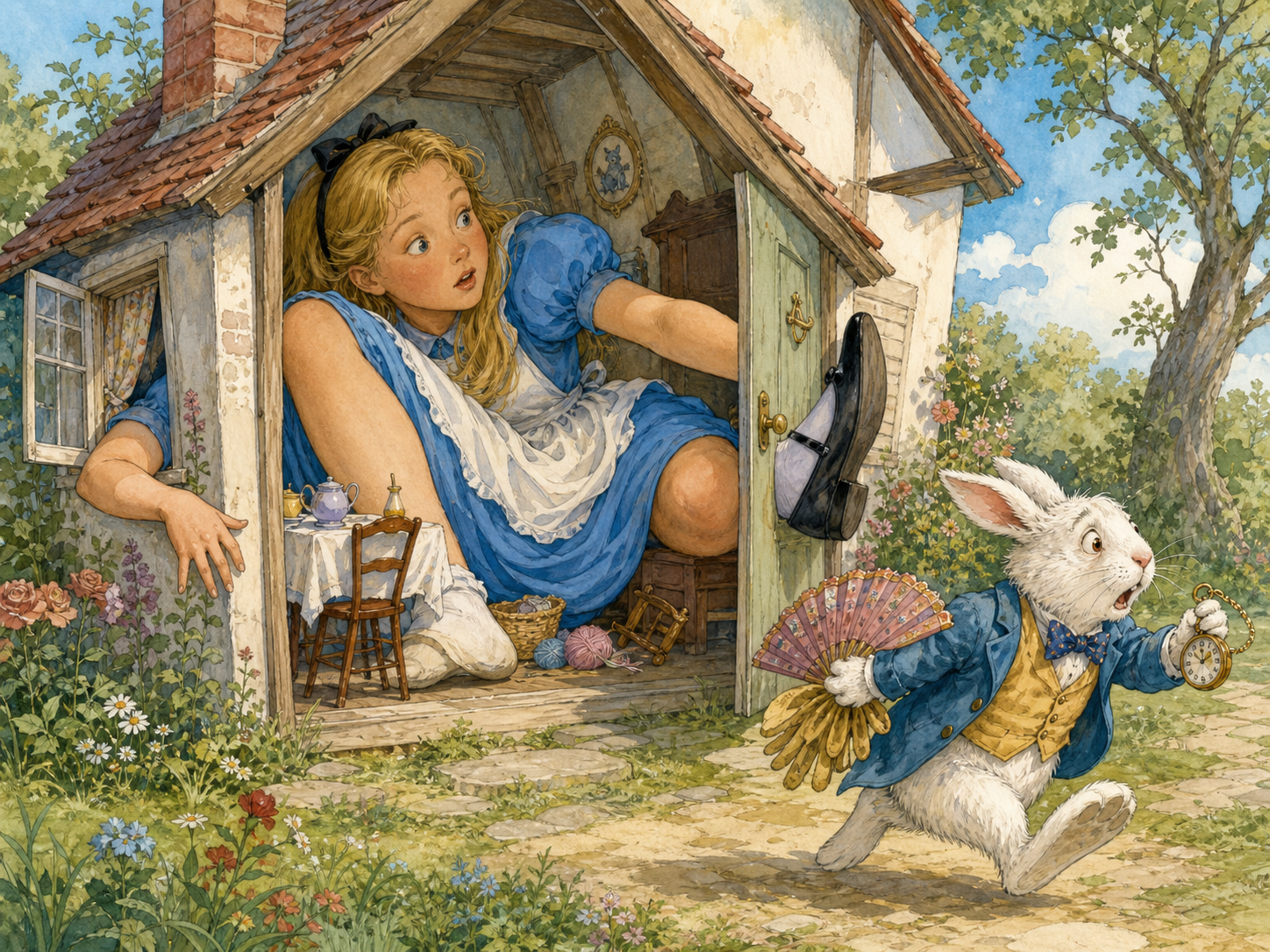 Barnebokillustrasjon for side 5 i Alice's Adventures in Wonderland: Den hvite Kaninen kom løpende og trodde hun var hushjelpen Mary Ann. Han ba henne hente hansker og vifte i huset hans. Inne fant hun en flaske uten etikett og tok en slurk. Hun vokste igjen, så mye at en arm s...
