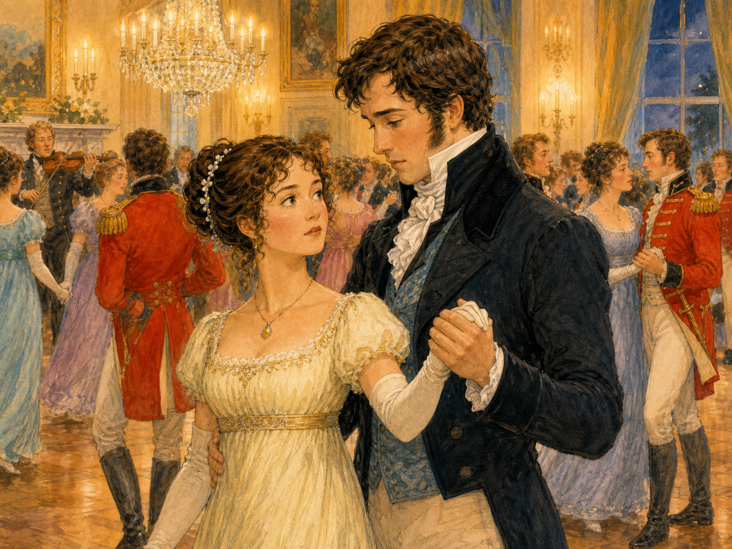 Et lyst ballrom med lys og musikk. Mange mennesker danser. Elizabeth ser alvorlig ut mens hun danser med en høy mann. Bakgrunnen viser soldater i røde uniformer.